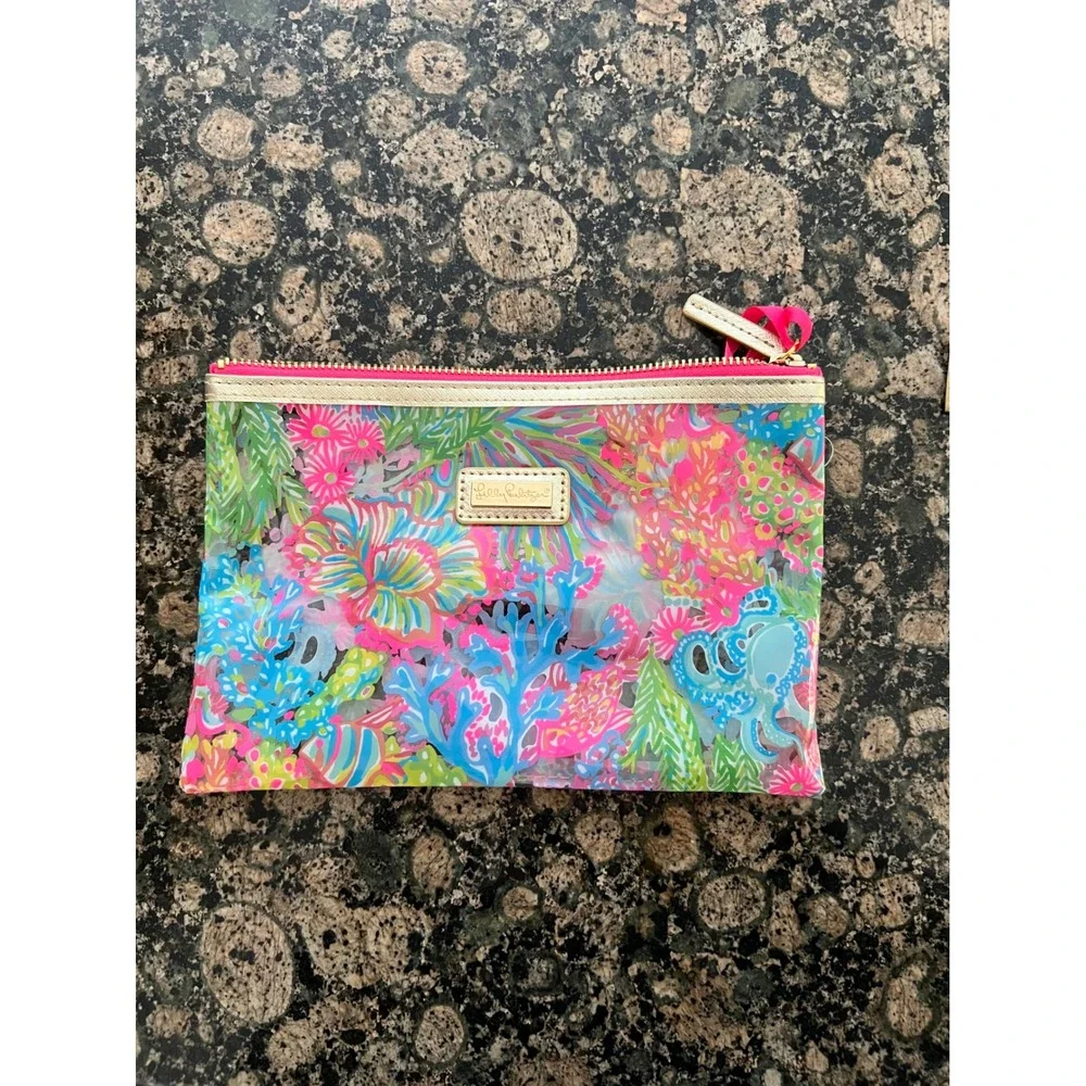 Lilly Pulitzer Multi Color Coral Octopus Clear Zipper Pouch Travel Makeup Bag
